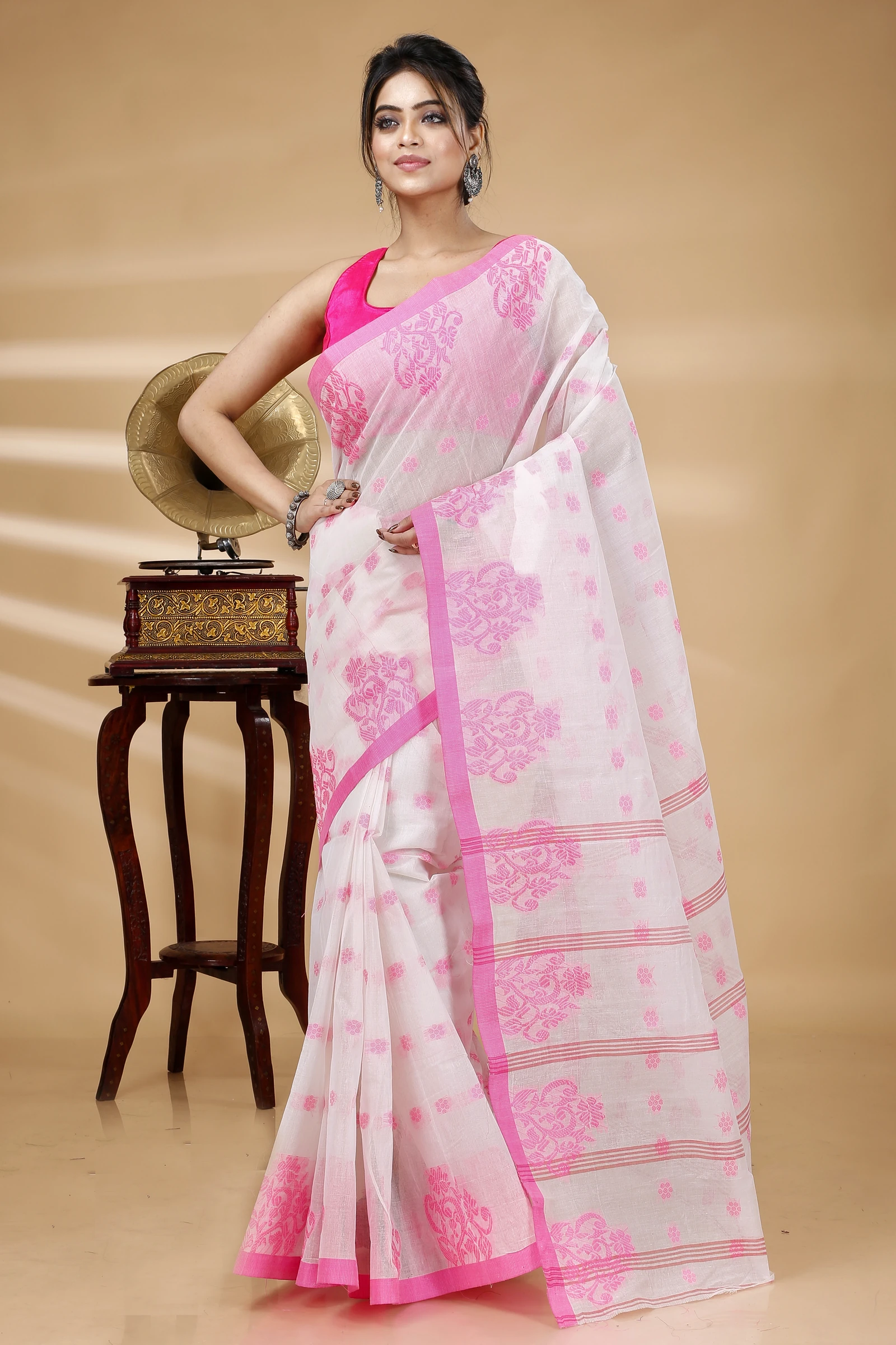 Pink Pure Cotton Botgach Tant Saree (518)