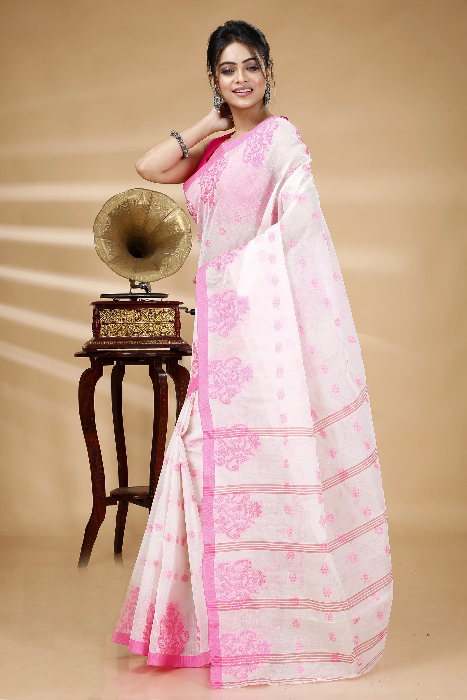 Pink Pure Cotton Botgach Tant Saree (518)
