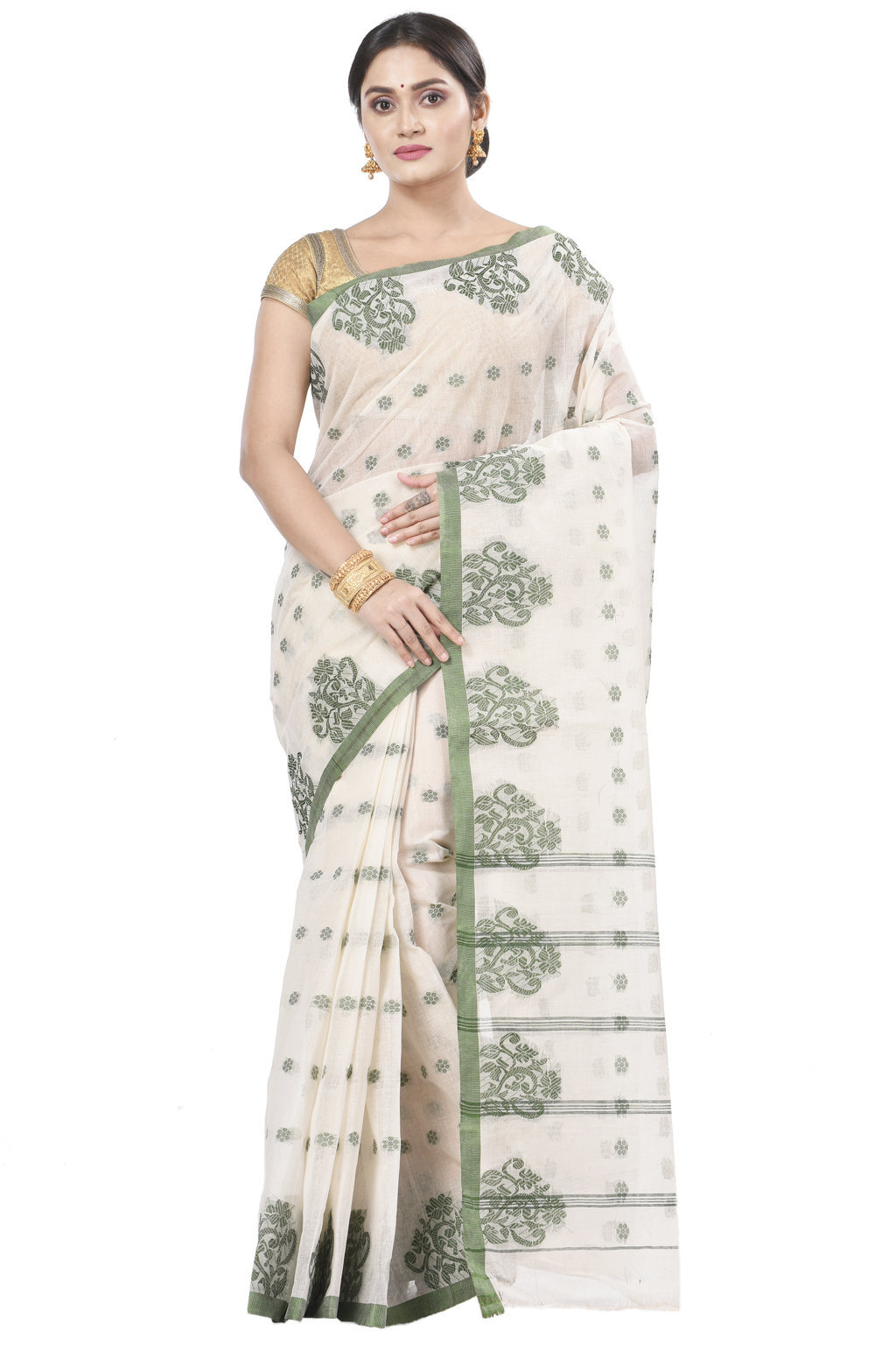 Green Pure Cotton Botgach Tant Saree (519)