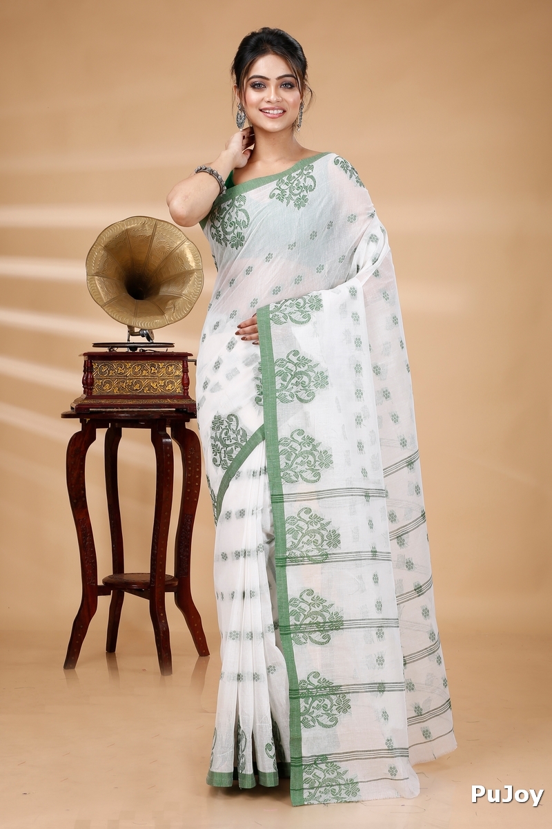 Green Pure Cotton Botgach Tant Saree (519)