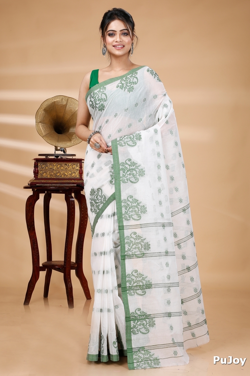 Green Pure Cotton Botgach Tant Saree (519)
