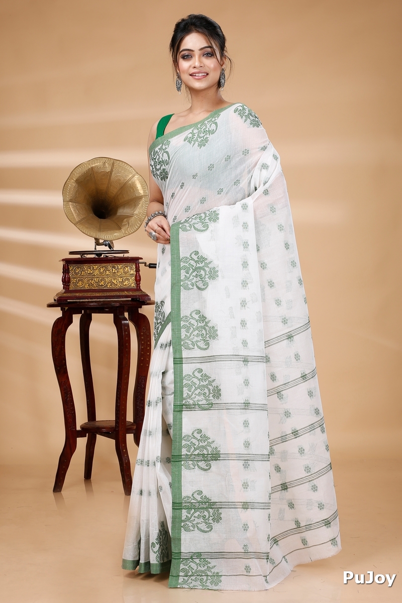Green Pure Cotton Botgach Tant Saree (519)