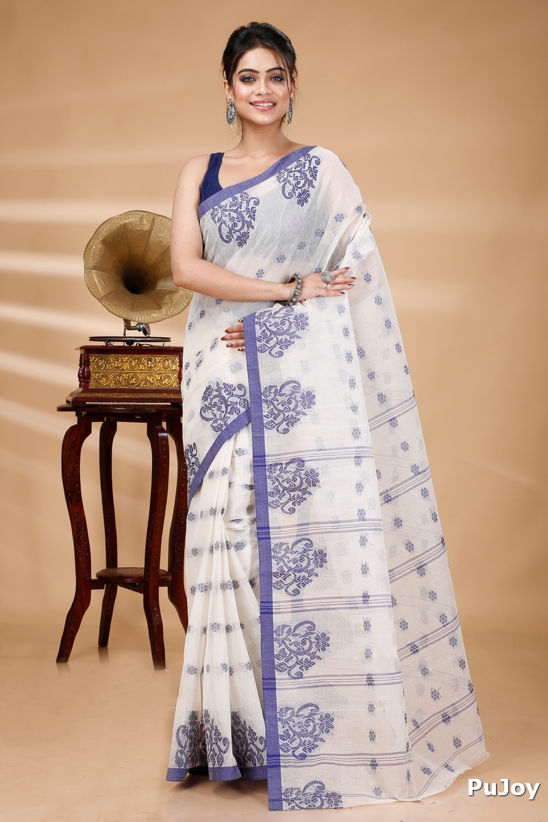 Blue Pure Cotton Botgach Tant Saree (520)