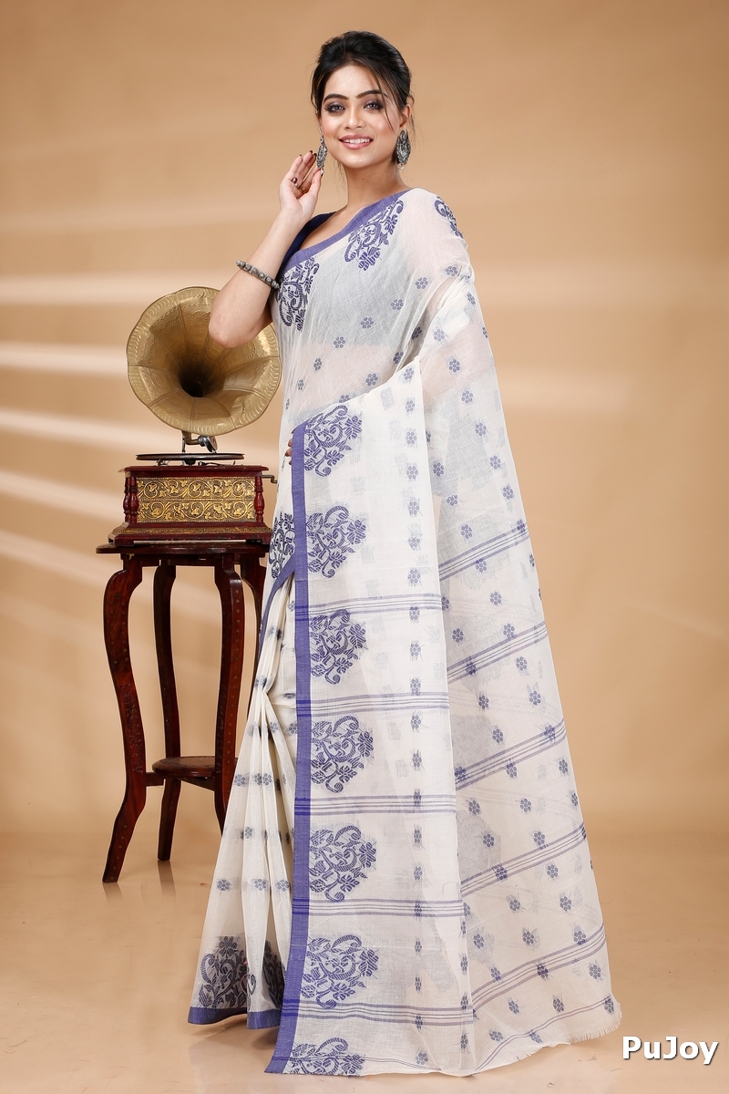 Blue Pure Cotton Botgach Tant Saree (520)