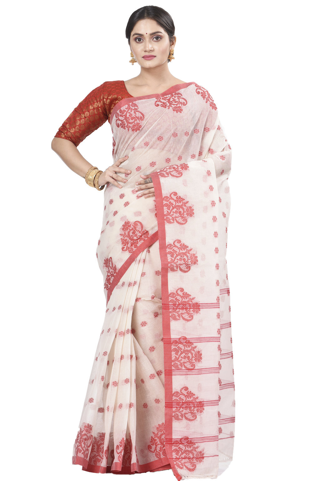 Red Pure Cotton Botgach Tant Saree (521)