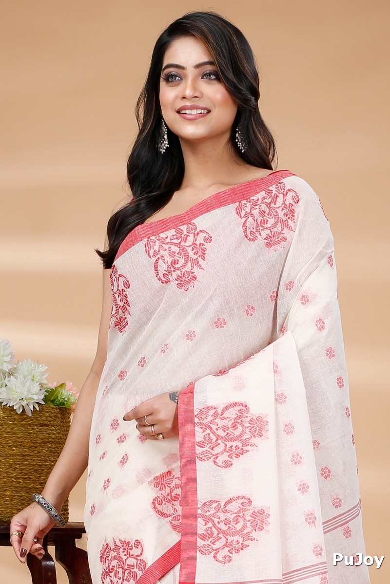Red Pure Cotton Botgach Tant Saree (521)