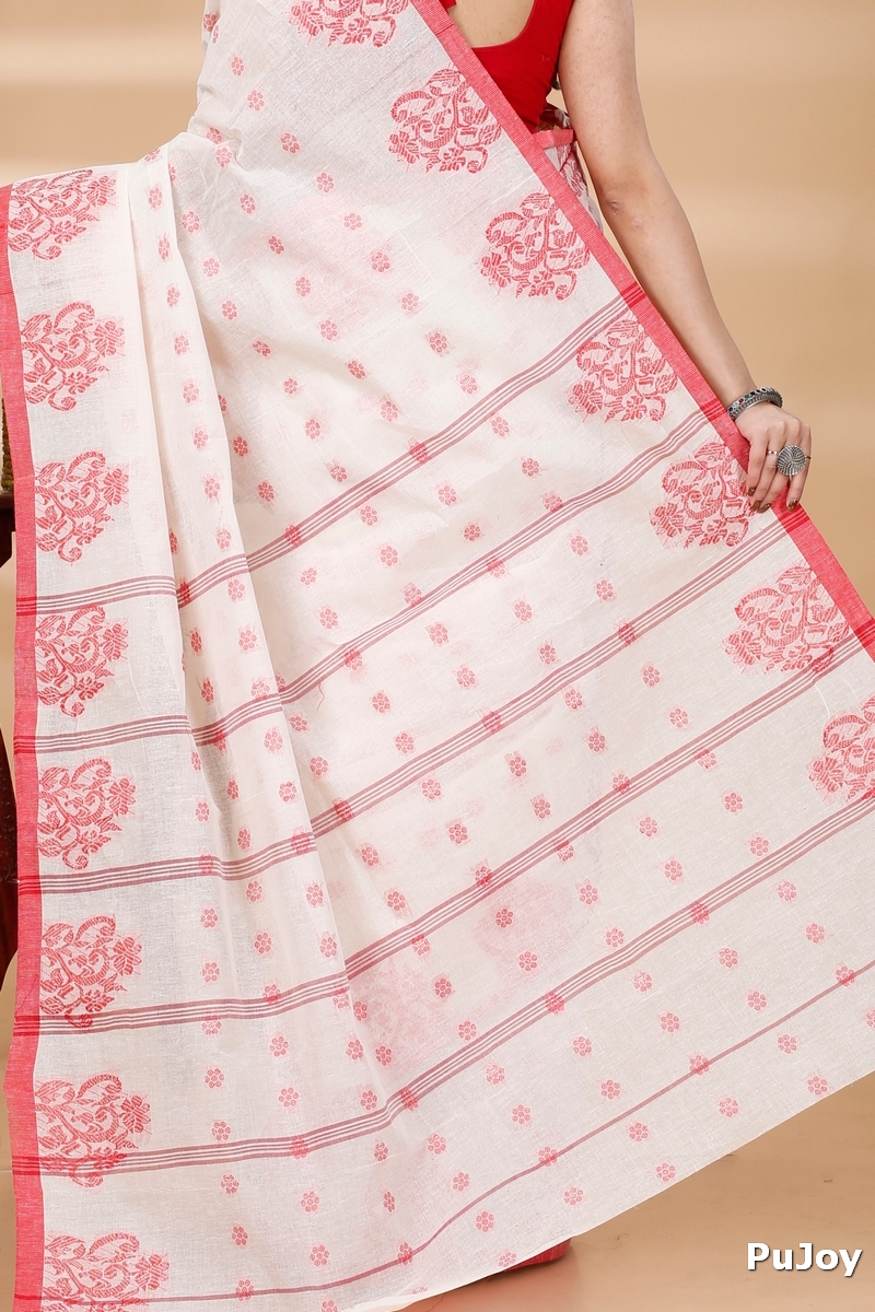 Red Pure Cotton Botgach Tant Saree (521)