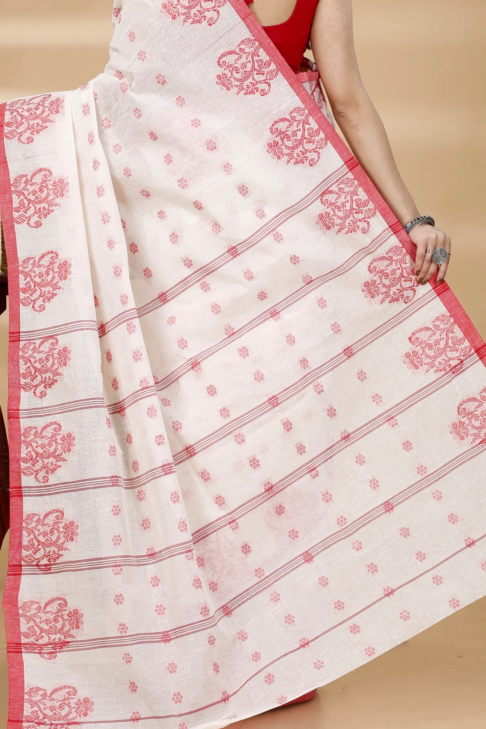 Red Pure Cotton Botgach Tant Saree (521)