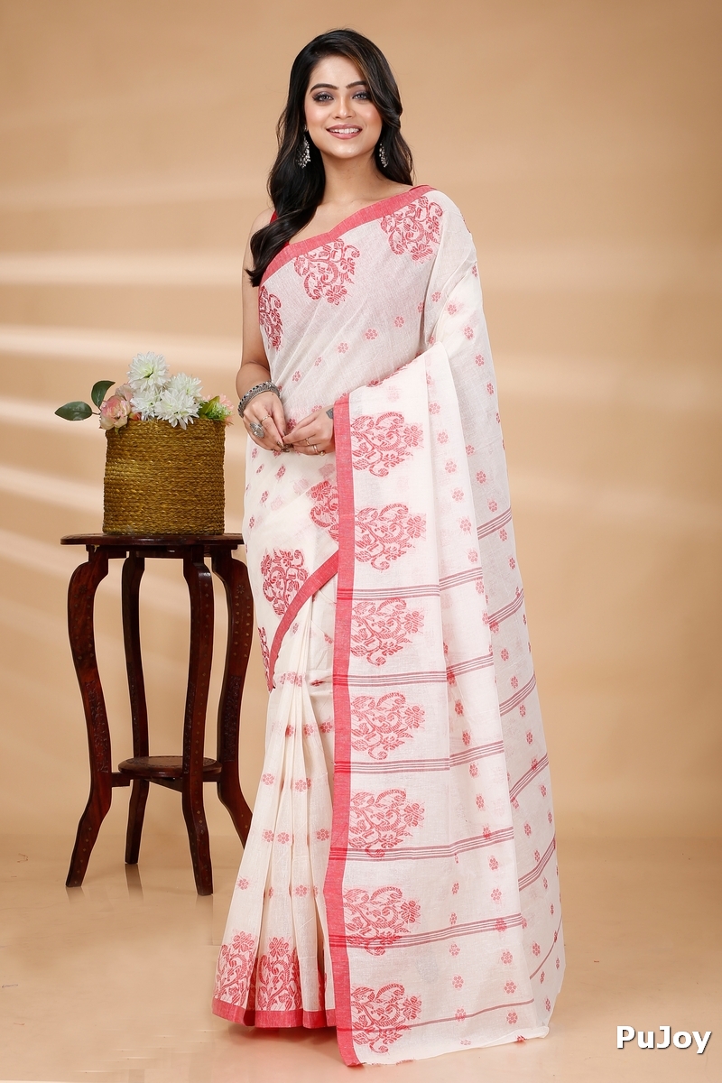 Red Pure Cotton Botgach Tant Saree (521)