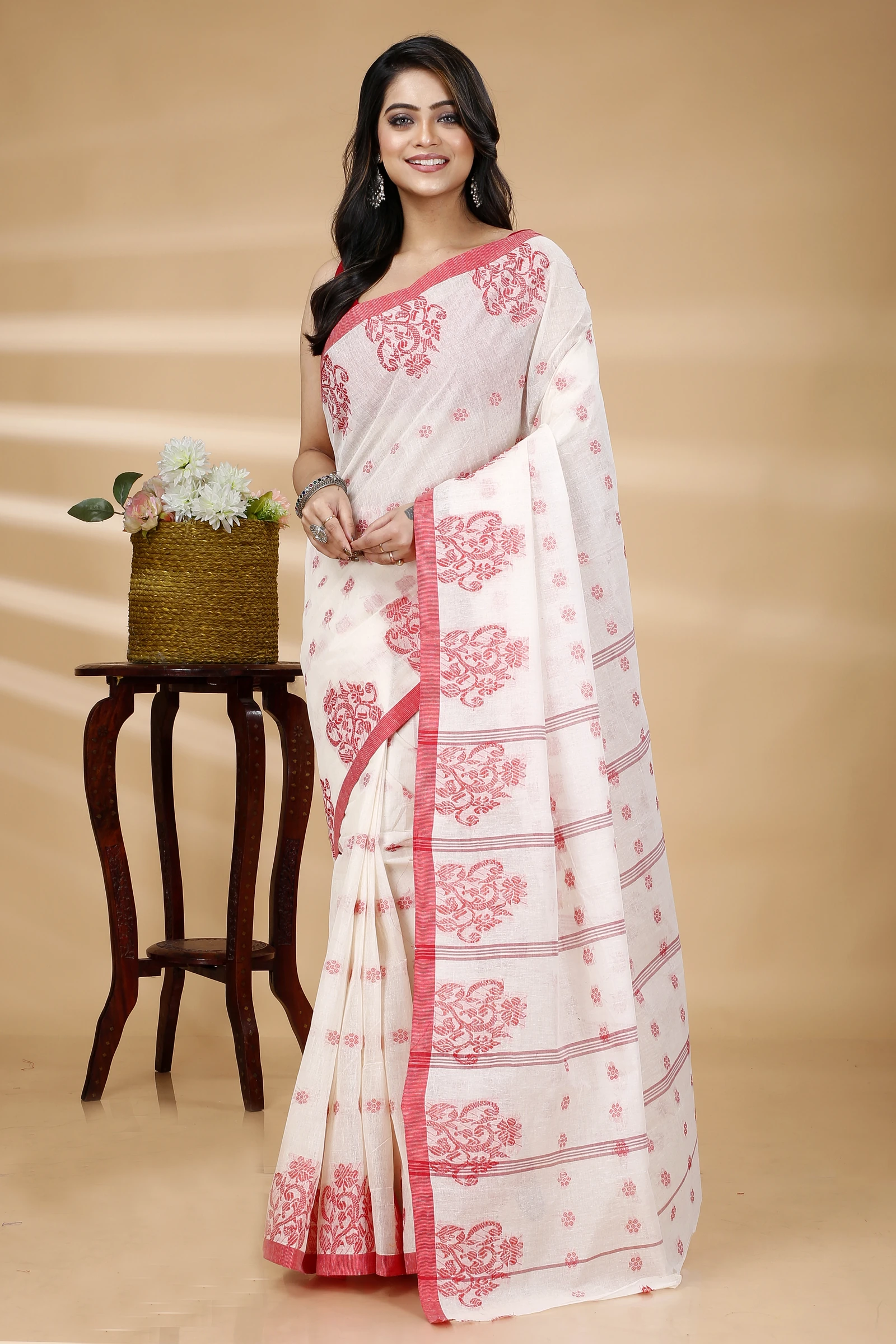 Red Pure Cotton Botgach Tant Saree (521)
