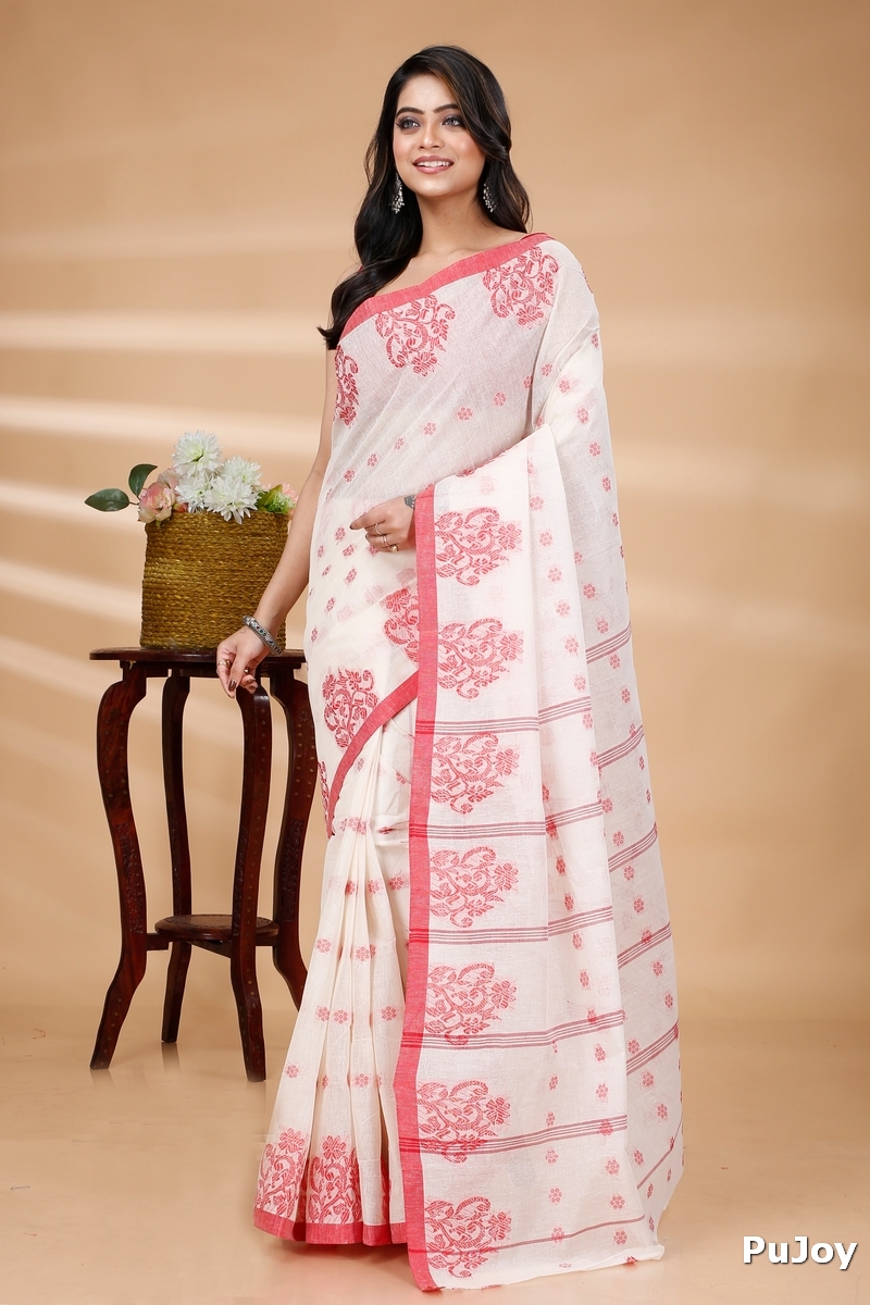 Red Pure Cotton Botgach Tant Saree (521)