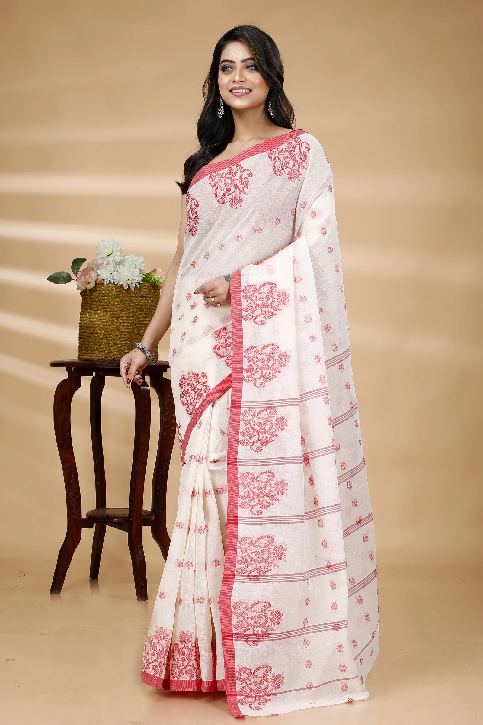 Red Pure Cotton Botgach Tant Saree (521)