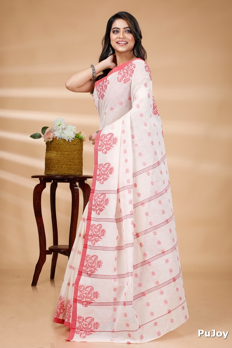 Red Pure Cotton Botgach Tant Saree (521)