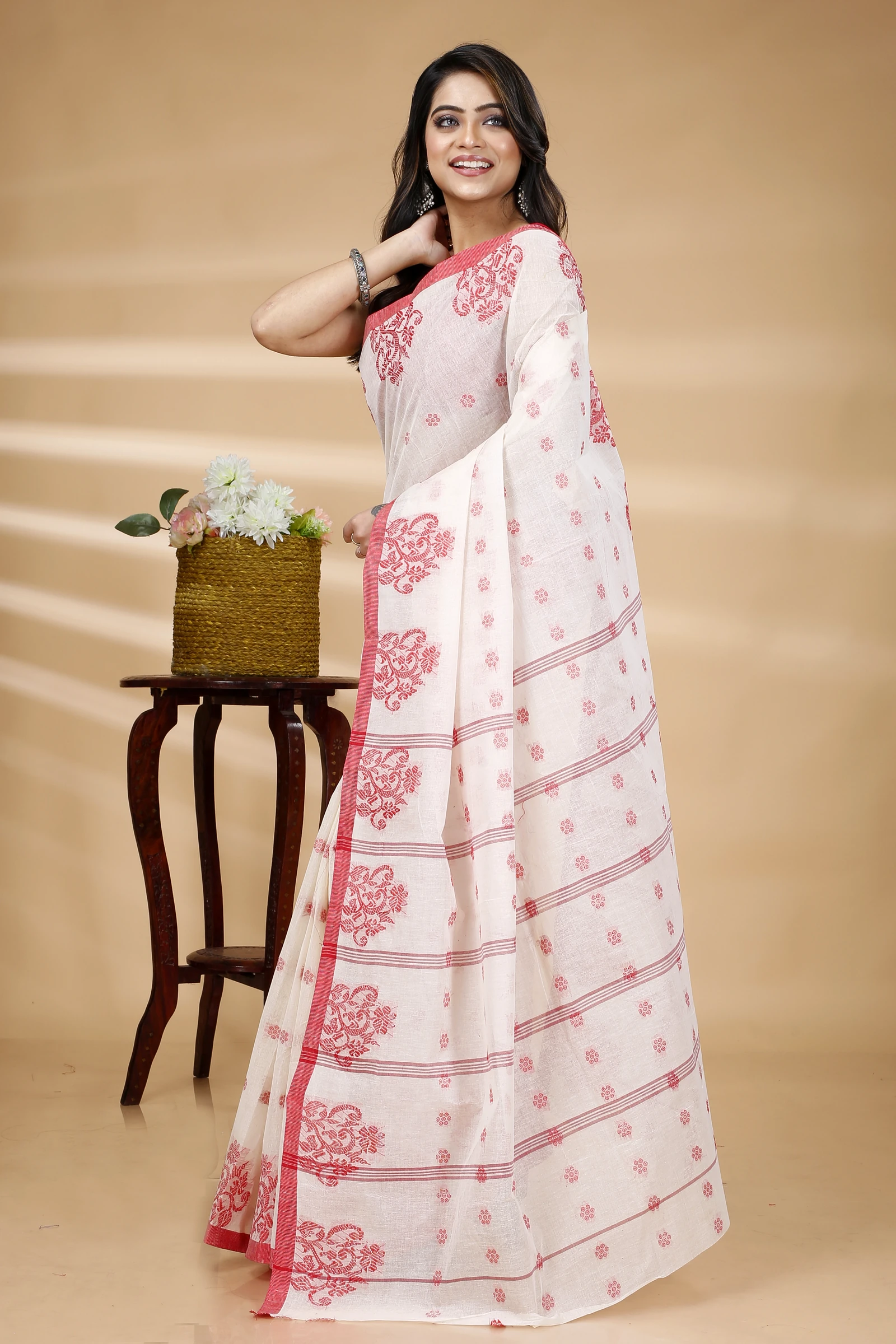 Red Pure Cotton Botgach Tant Saree (521)