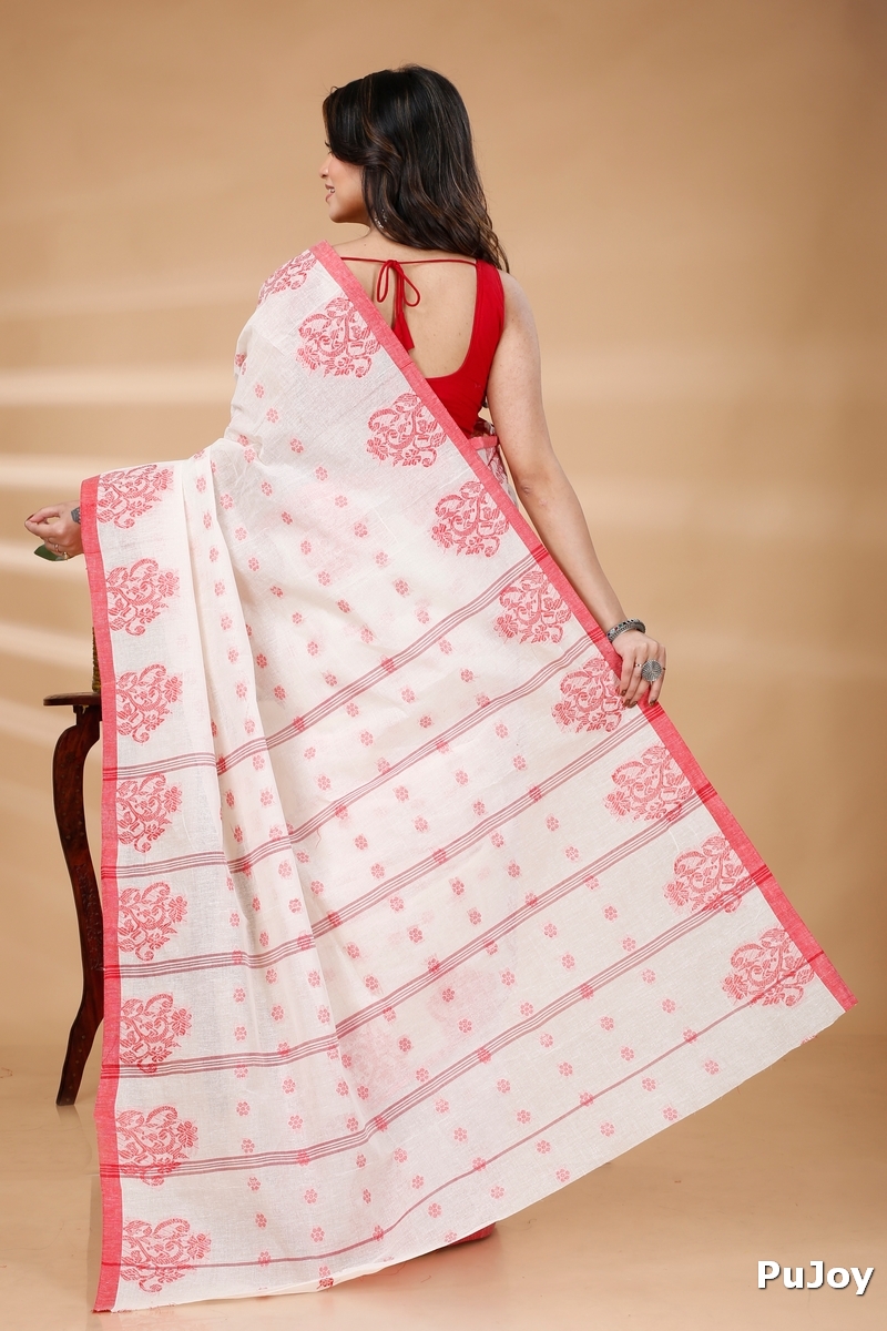 Red Pure Cotton Botgach Tant Saree (521)