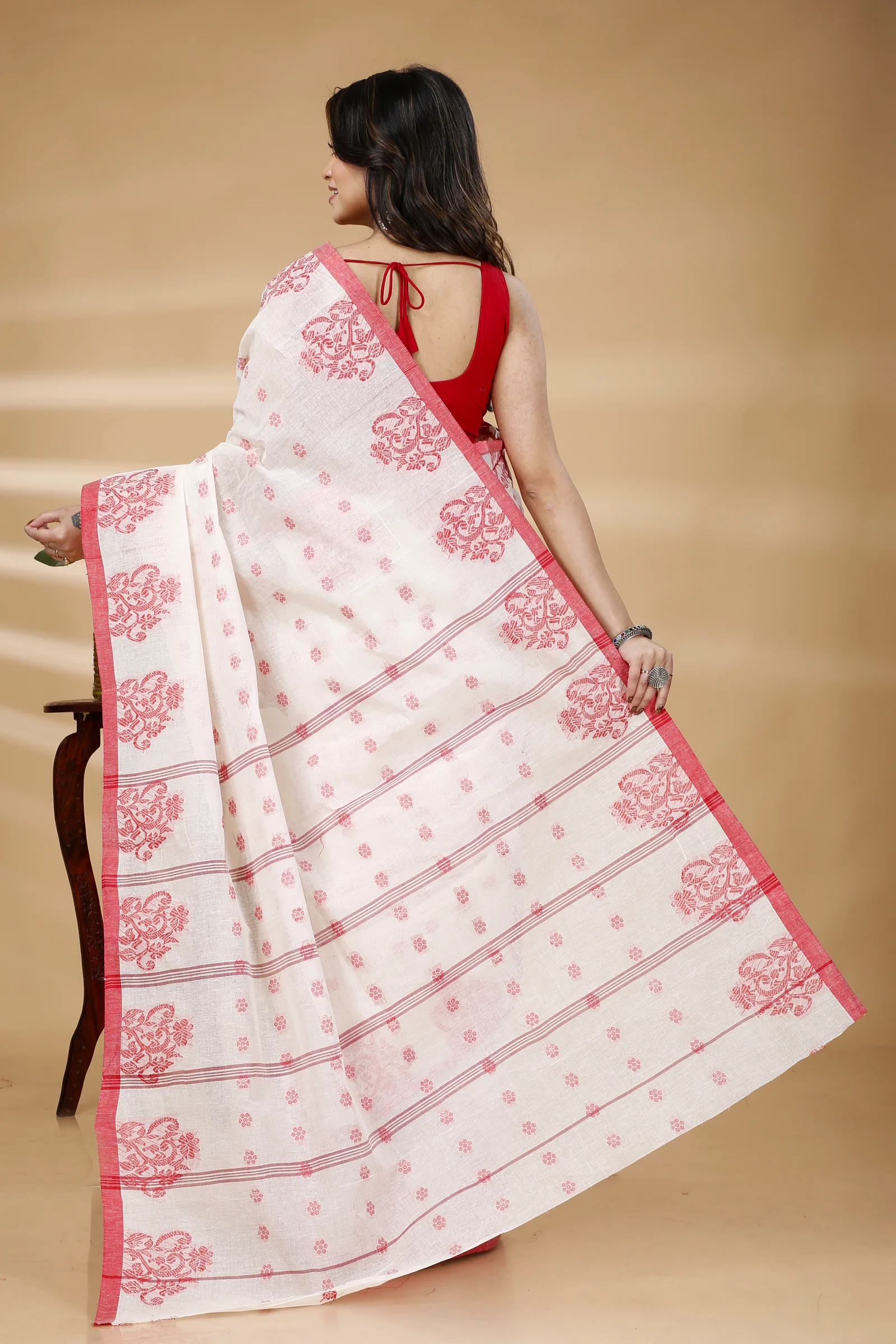 Red Pure Cotton Botgach Tant Saree (521)