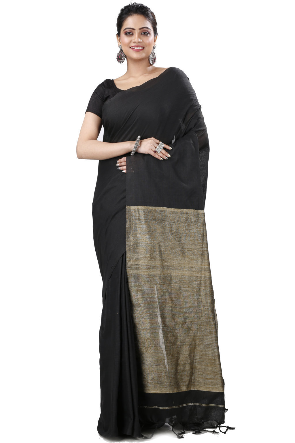 Black Pure Cotton Kesh Than Hand Loom Saree (5230)