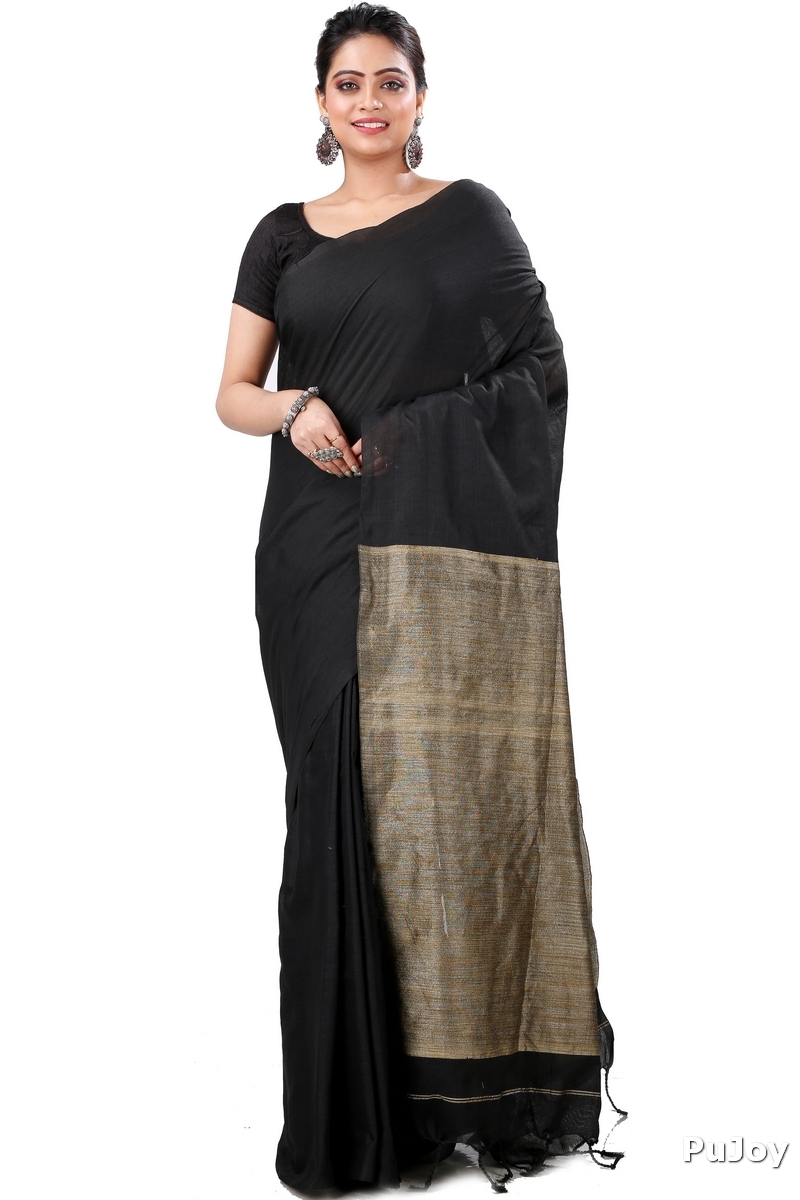 Black Pure Cotton Kesh Than Hand Loom Saree (5230)