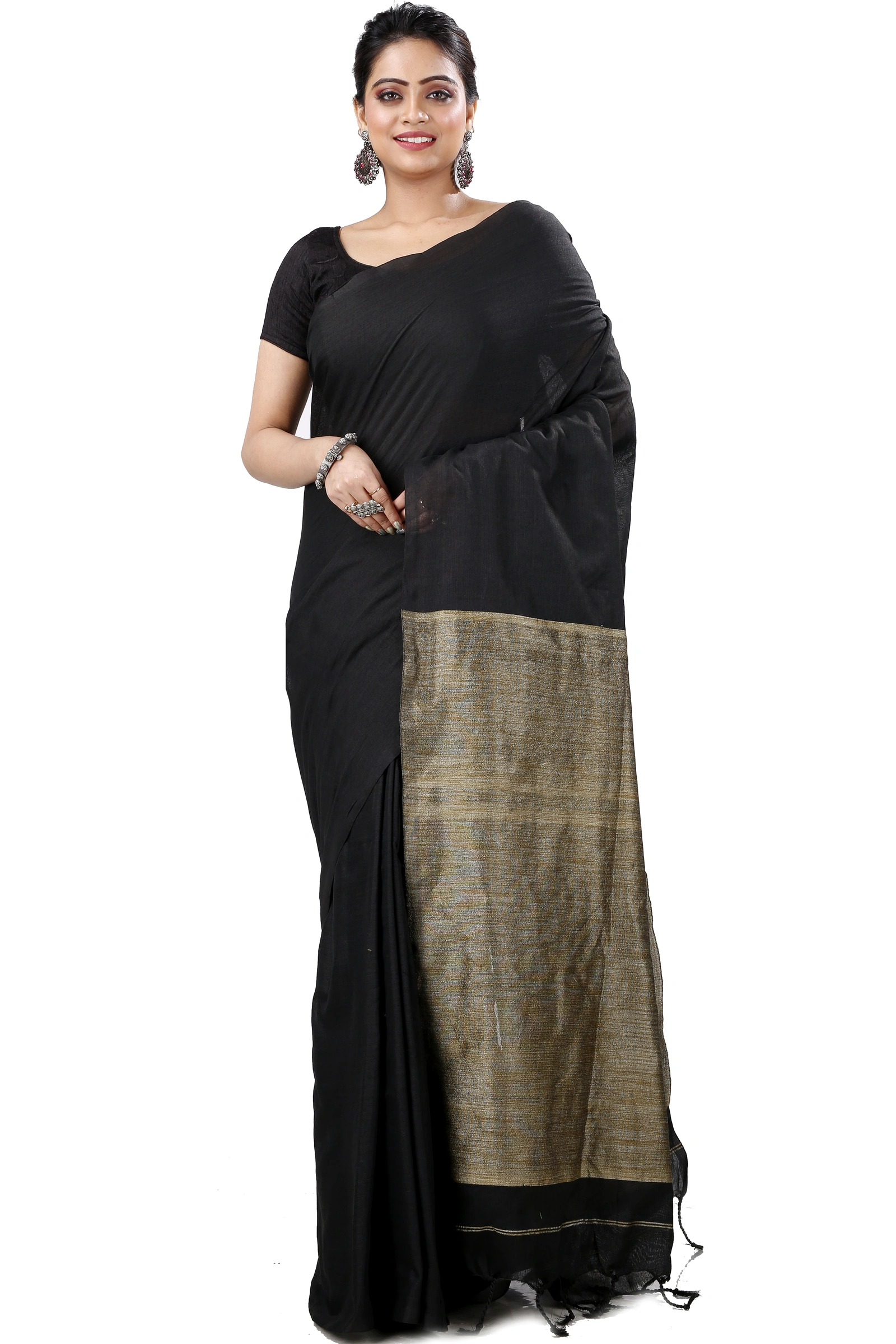 Black Pure Cotton Kesh Than Hand Loom Saree (5230)