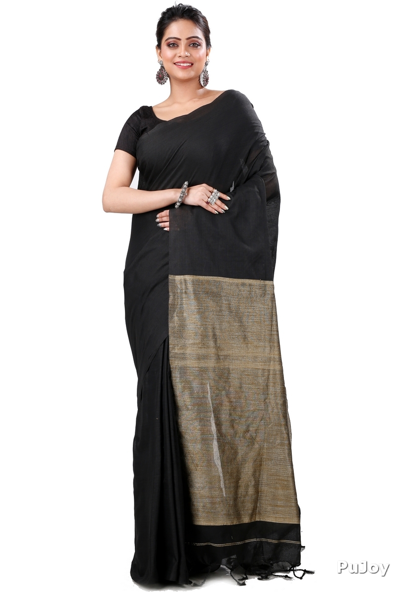 Black Pure Cotton Kesh Than Hand Loom Saree (5230)