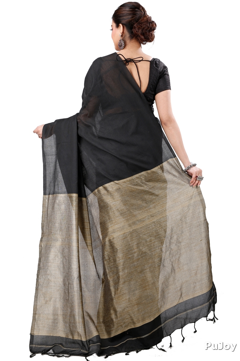 Black Pure Cotton Kesh Than Hand Loom Saree (5230)