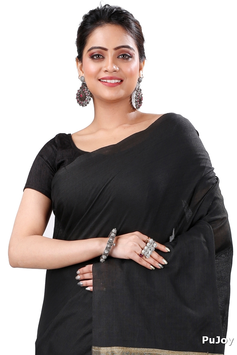 Black Pure Cotton Kesh Than Hand Loom Saree (5230)