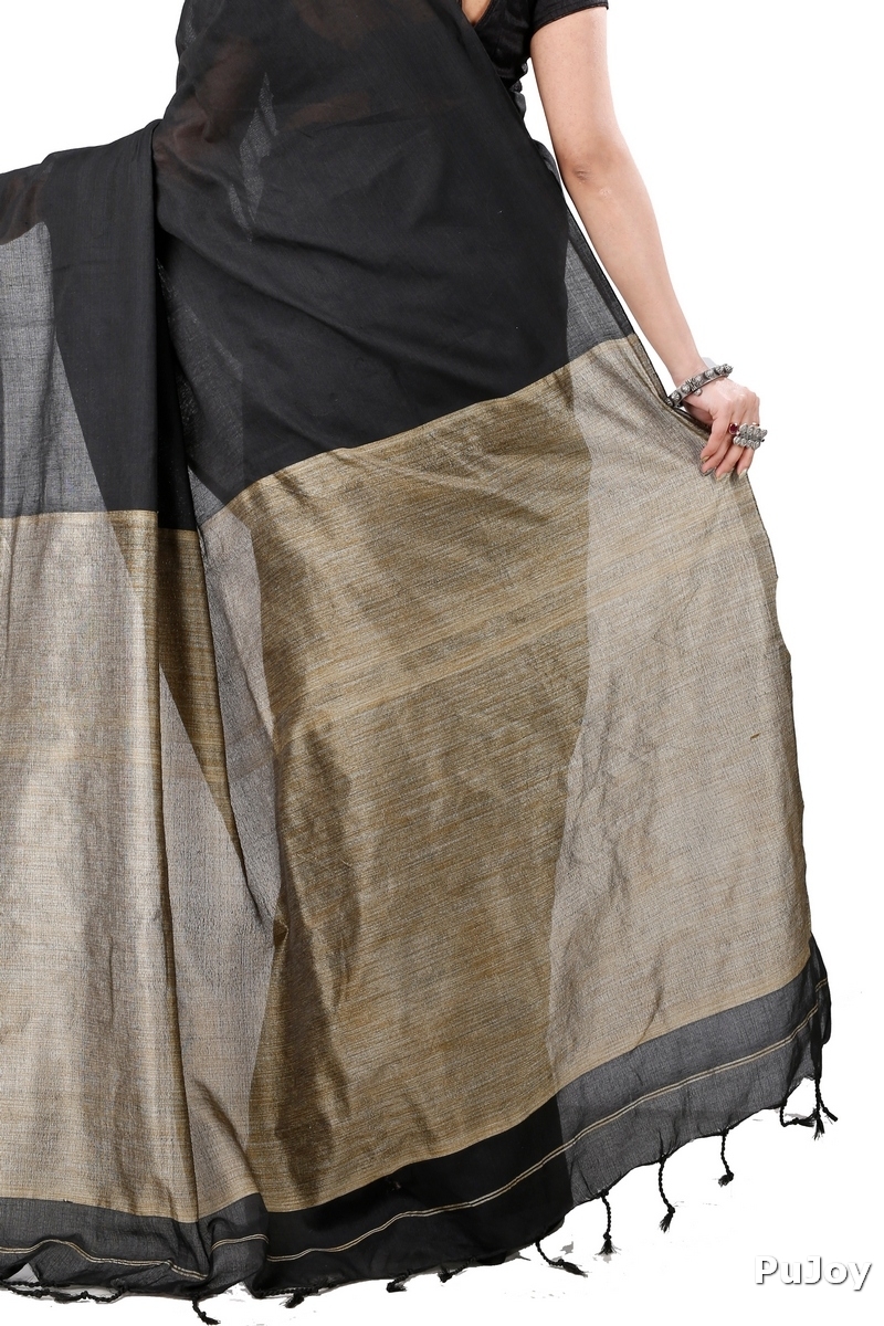Black Pure Cotton Kesh Than Hand Loom Saree (5230)