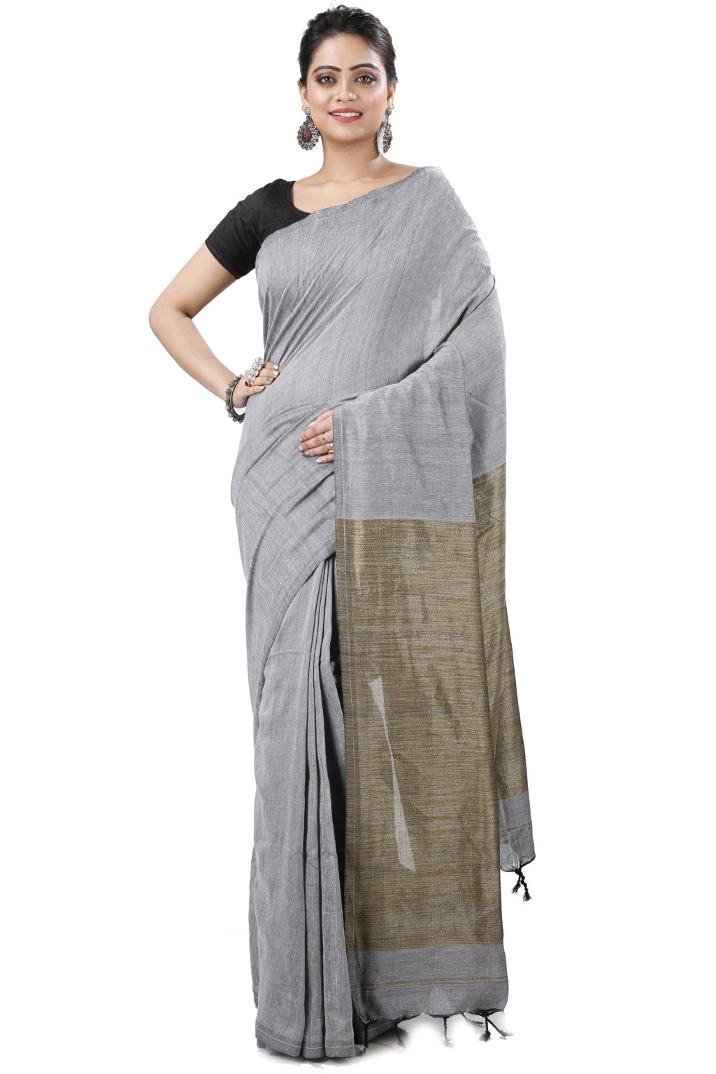Grey Pure Cotton Kesh Than Hand Loom Saree (5234)