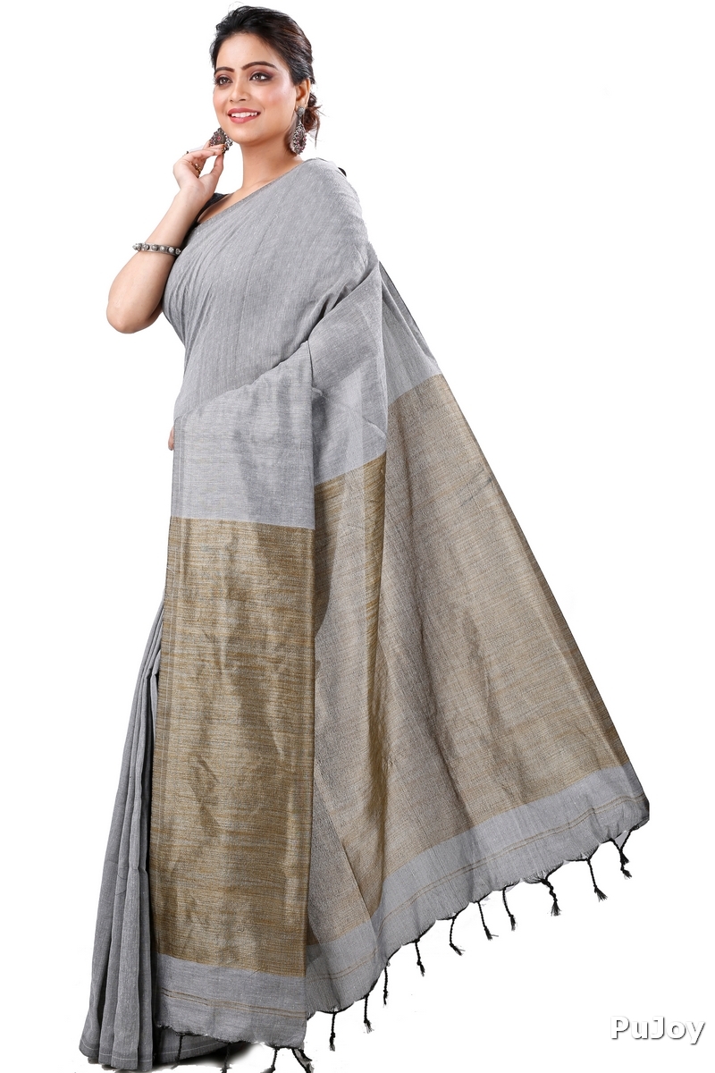 Grey Pure Cotton Kesh Than Hand Loom Saree (5234)