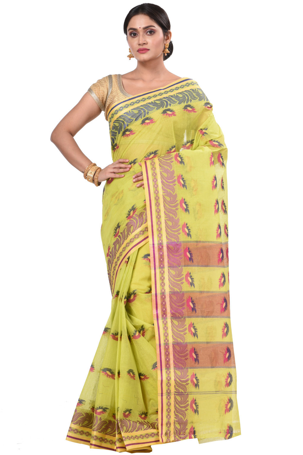 Green Pure Cotton PataButi Tant Saree (524)