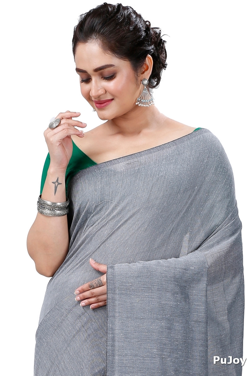 Grey Pure Cotton ThanKhadi Hand Loom Saree (5240)