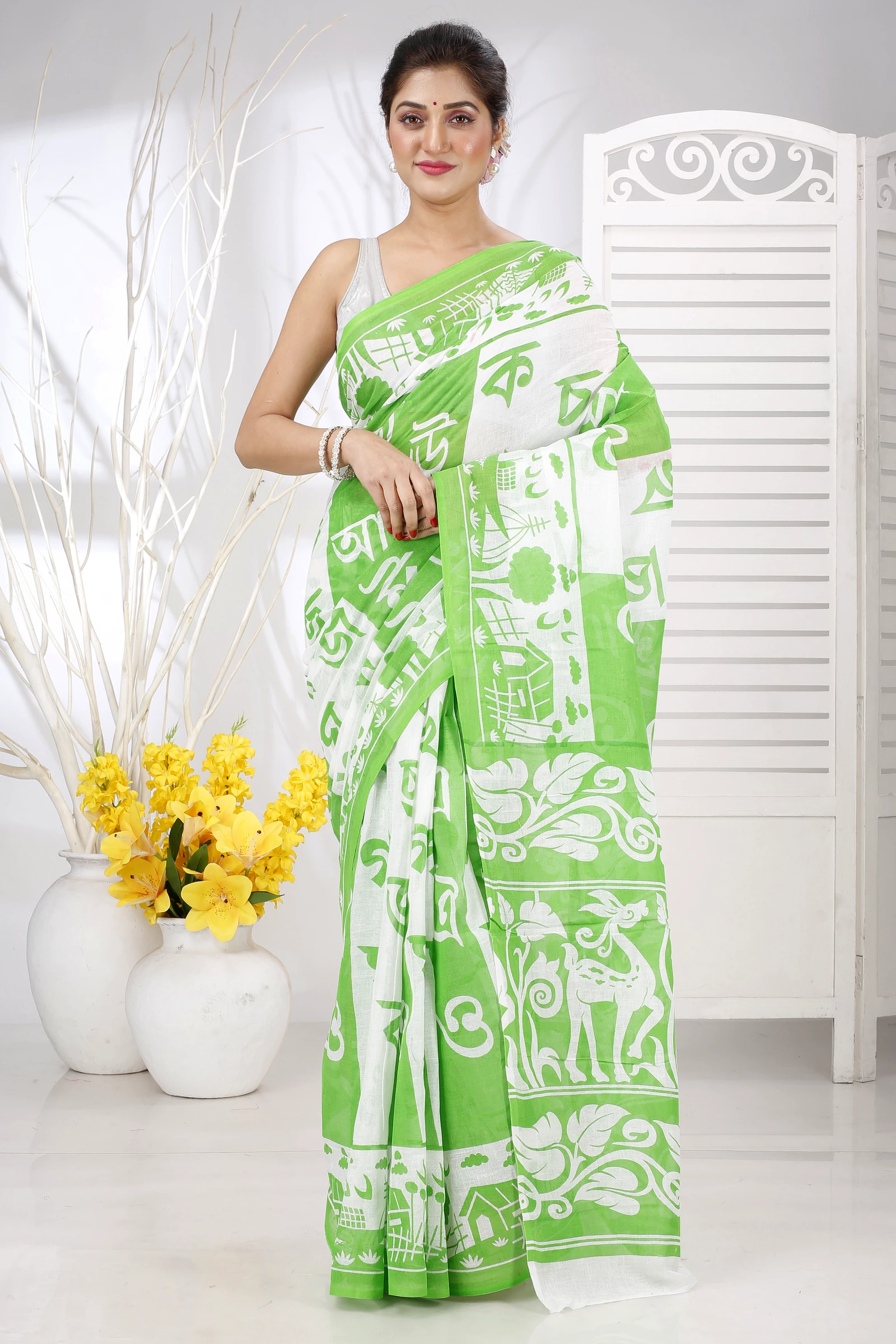 Green Pure Cotton Barnomala Hand Loom Saree (5242)