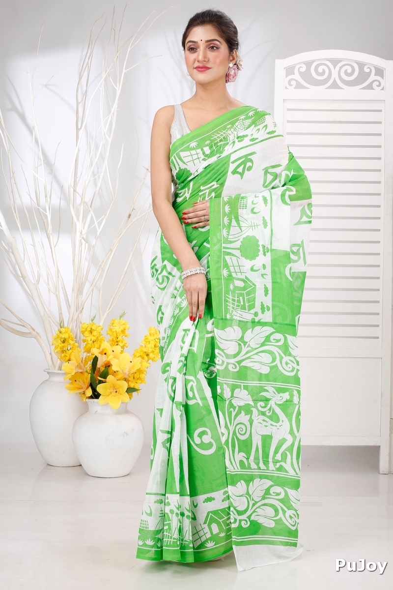 Green Pure Cotton Barnomala Hand Loom Saree (5242)