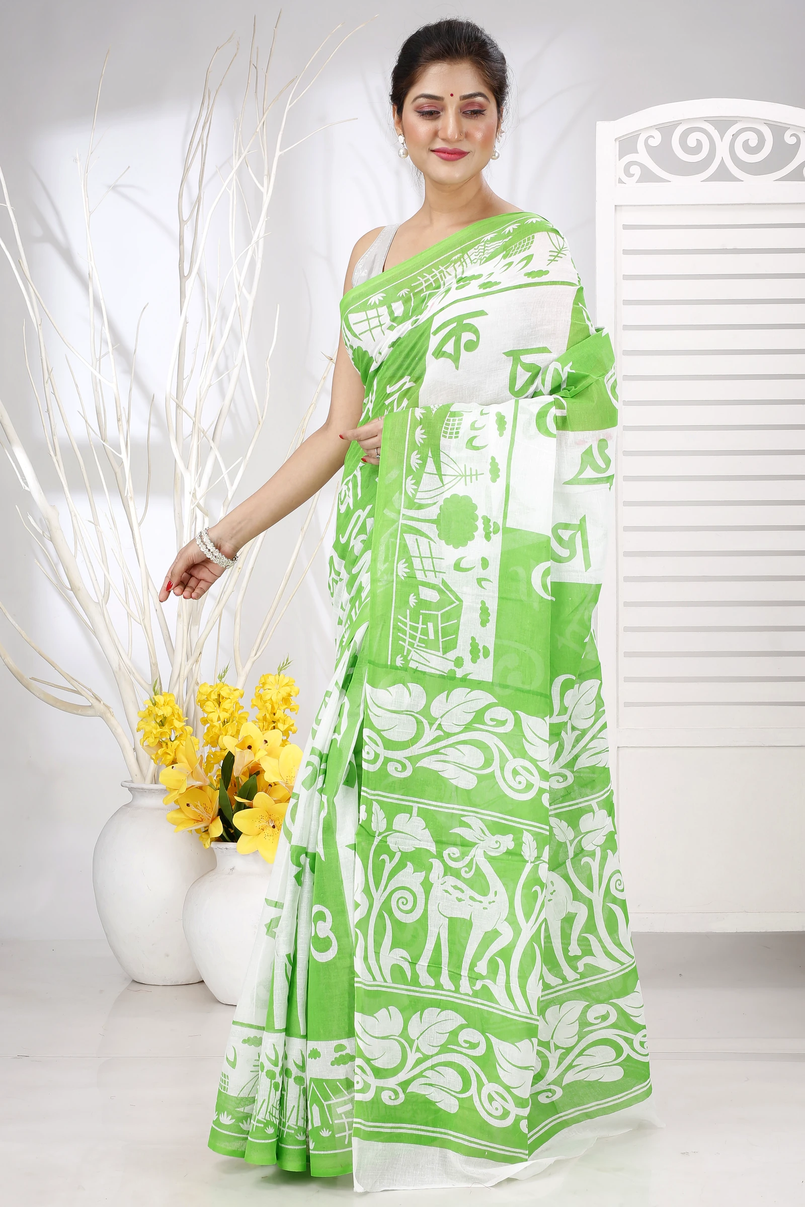 Green Pure Cotton Barnomala Hand Loom Saree (5242)