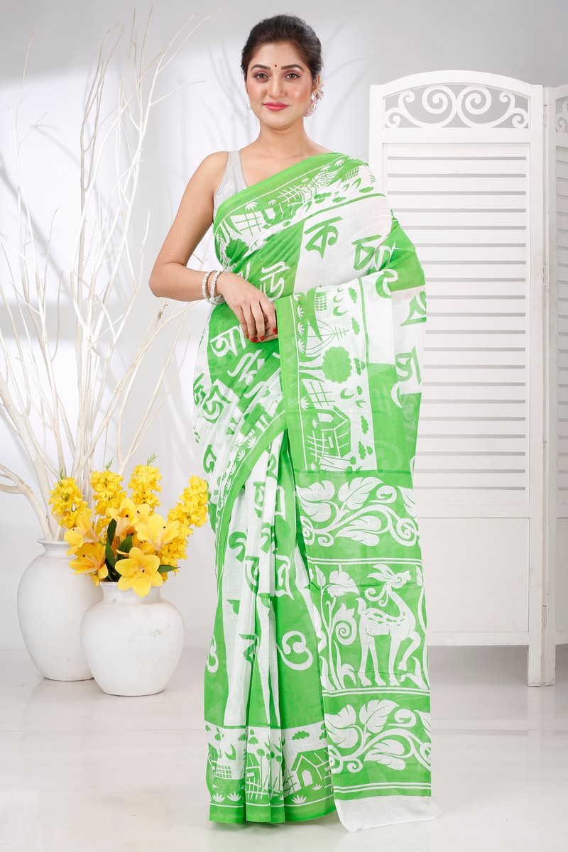 Green Pure Cotton Barnomala Hand Loom Saree (5242)