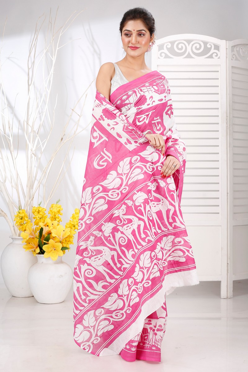 Pink Pure Cotton Barnomala Hand Loom Saree (5243)