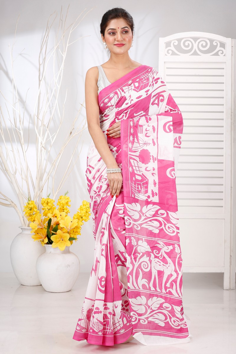 Pink Pure Cotton Barnomala Hand Loom Saree (5243)