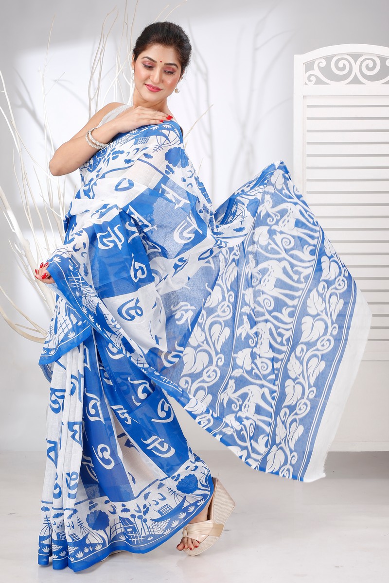 Light Blue Pure Cotton Barnomala Hand Loom Saree (5244)