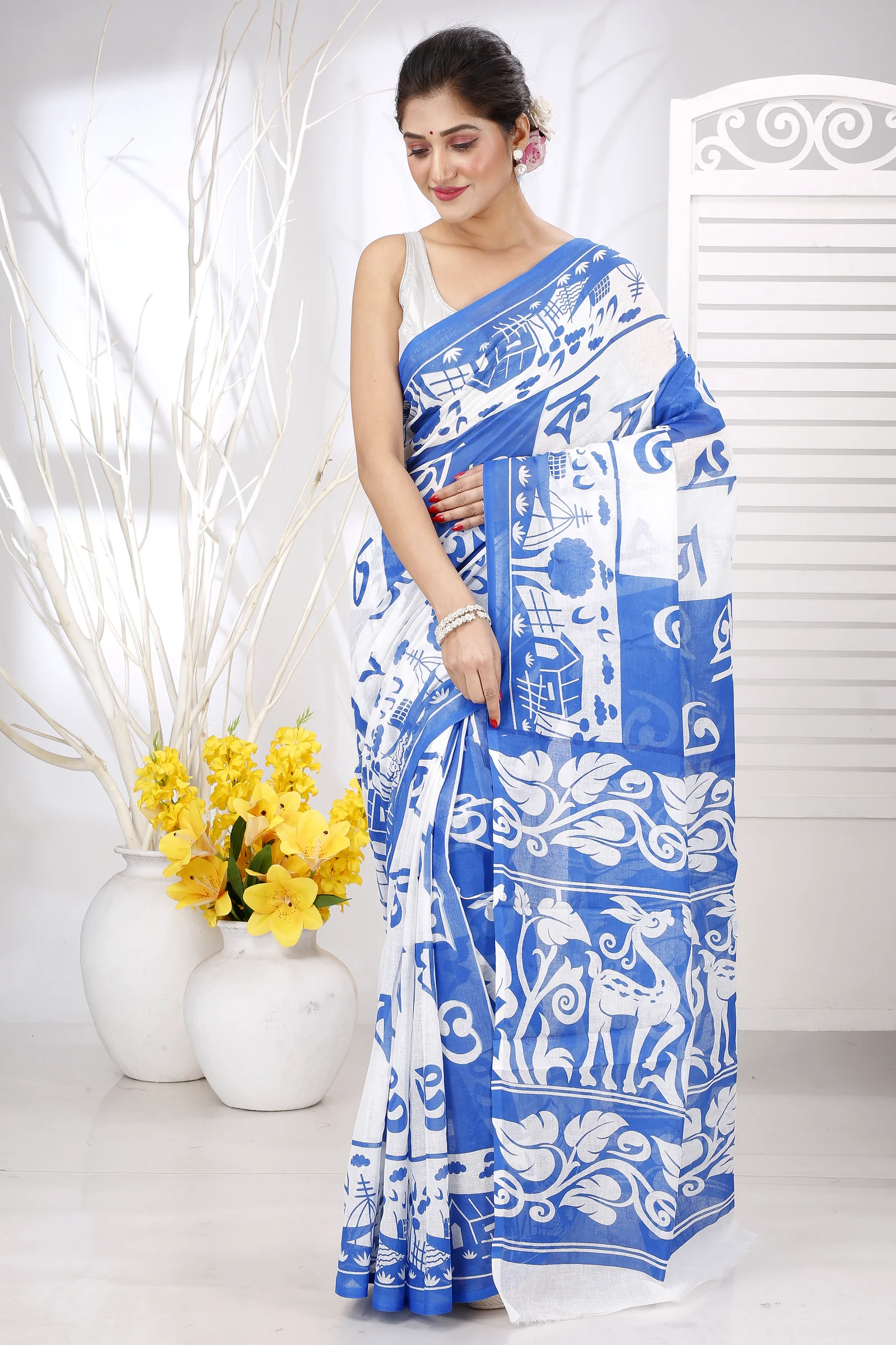 Light Blue Pure Cotton Barnomala Hand Loom Saree (5244)