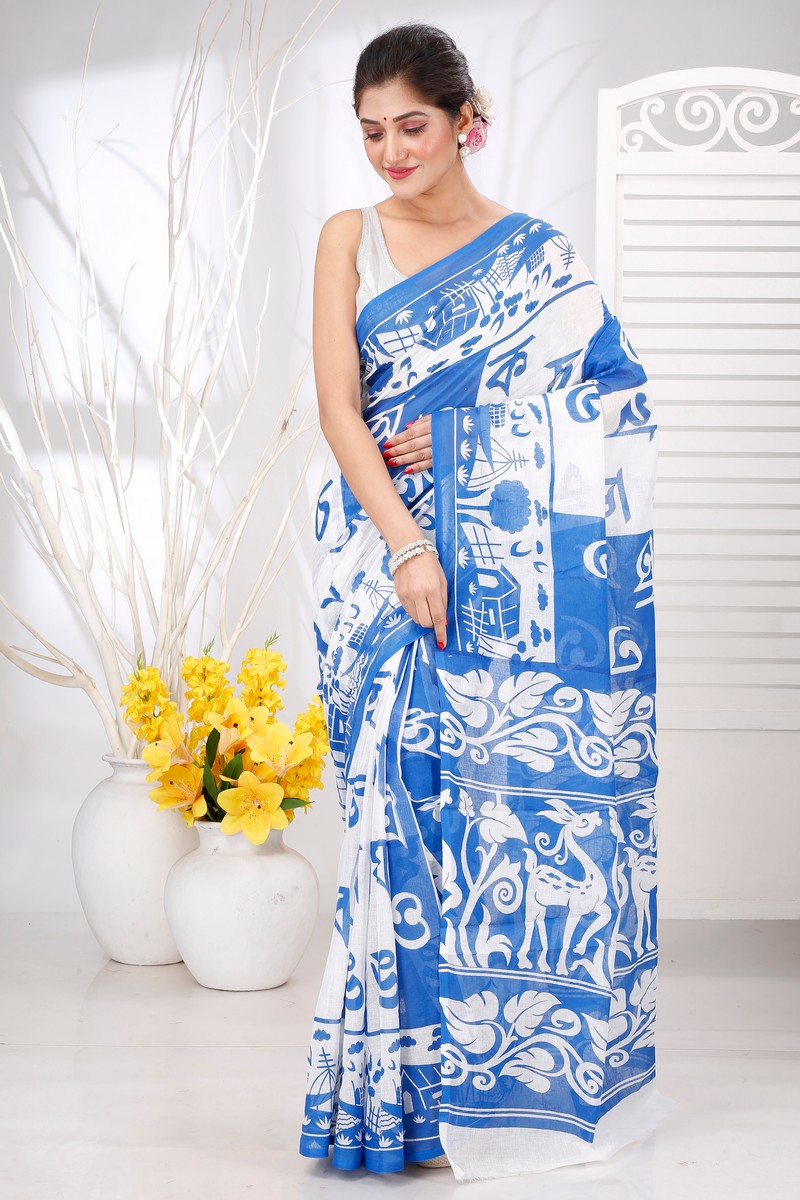Light Blue Pure Cotton Barnomala Hand Loom Saree (5244)