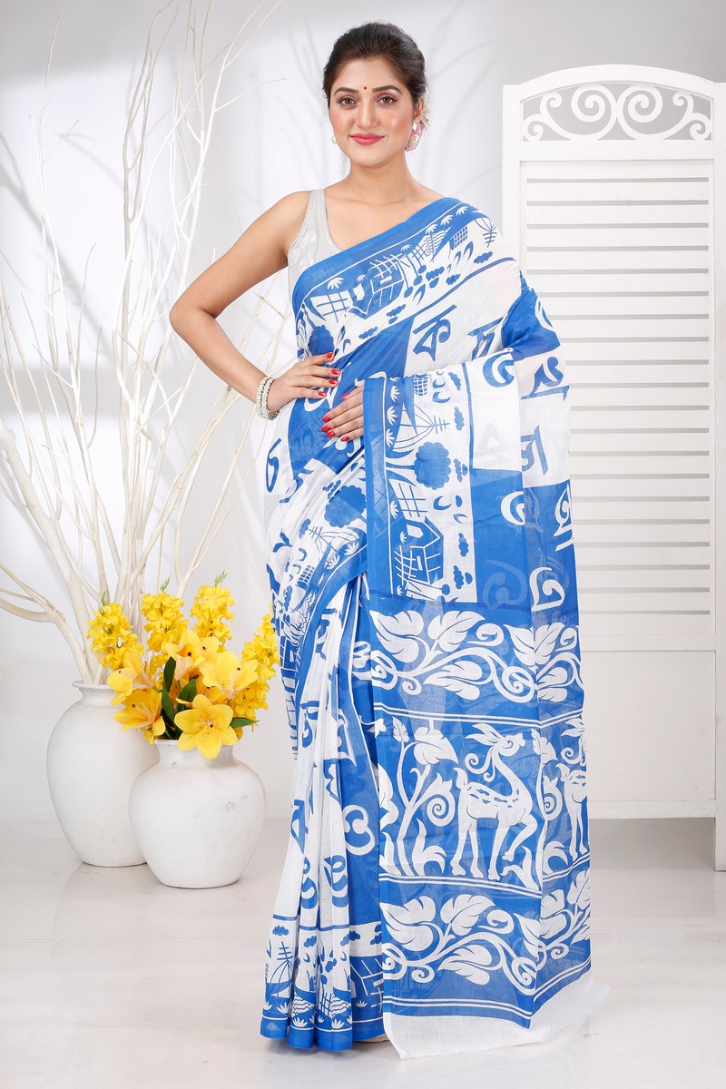 Light Blue Pure Cotton Barnomala Hand Loom Saree (5244)