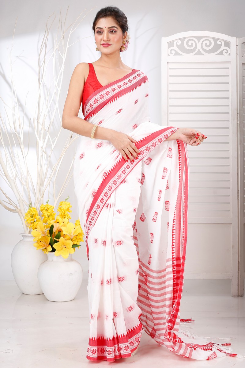 White Red Pure Cotton Guti Hand Hand Loom Saree (5246)