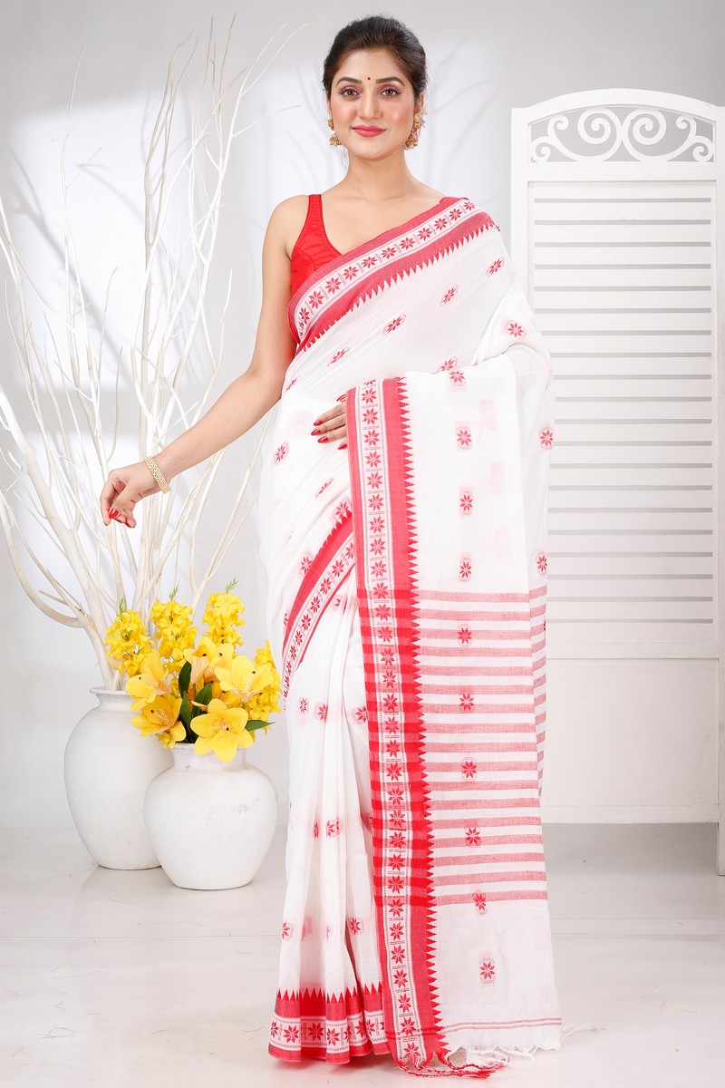 White Red Pure Cotton Guti Hand Hand Loom Saree (5246)