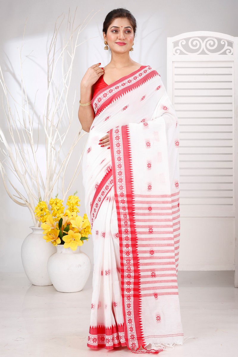 White Red Pure Cotton Guti Hand Hand Loom Saree (5246)