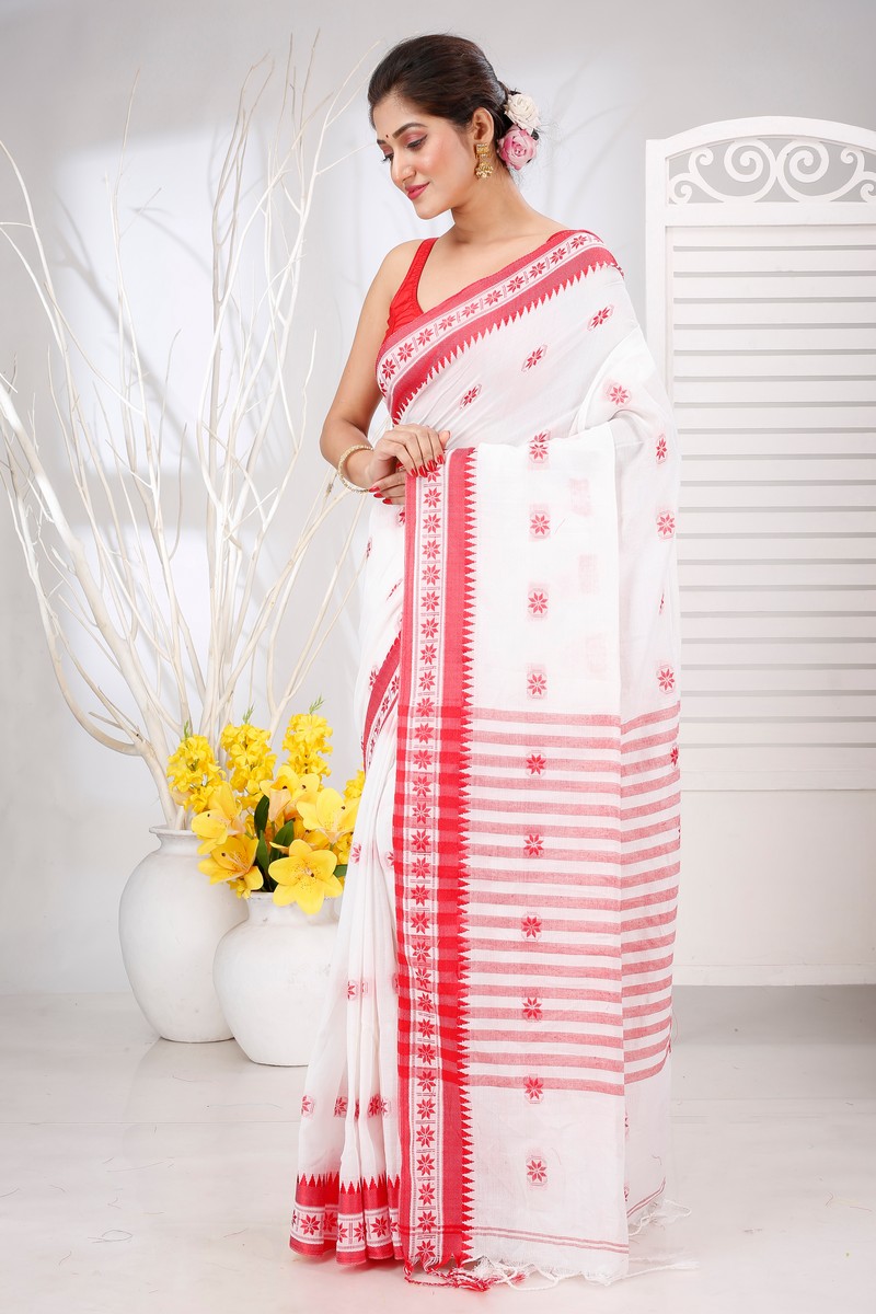 White Red Pure Cotton Guti Hand Hand Loom Saree (5246)