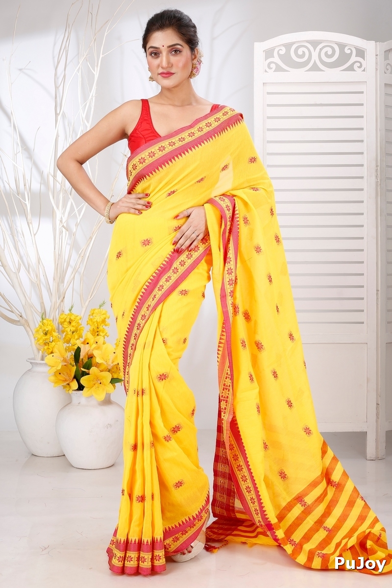 Yellow Red Pure Cotton Guti Hand Hand Loom Saree (5247)