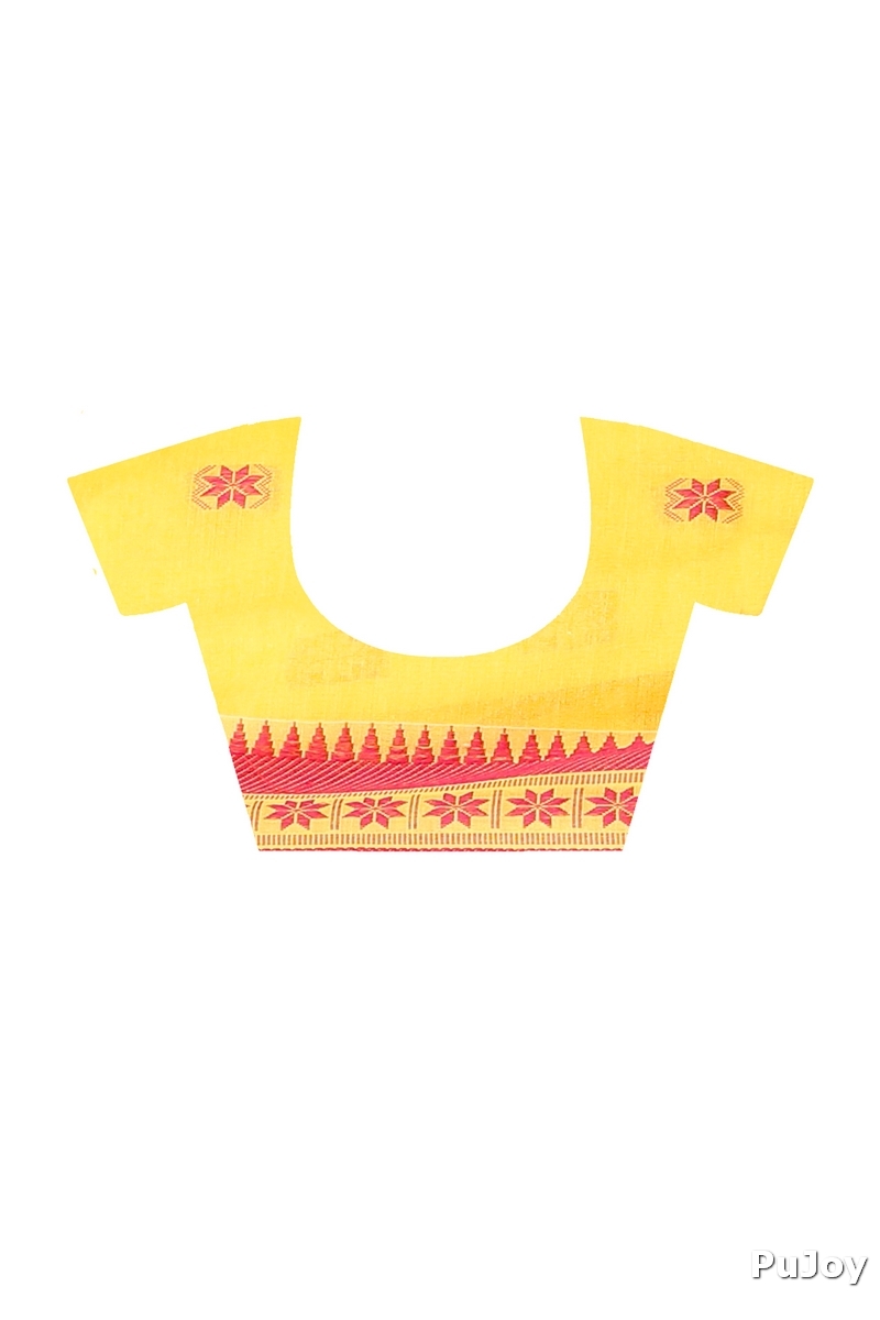 Yellow Red Pure Cotton Guti Hand Hand Loom Saree (5247)