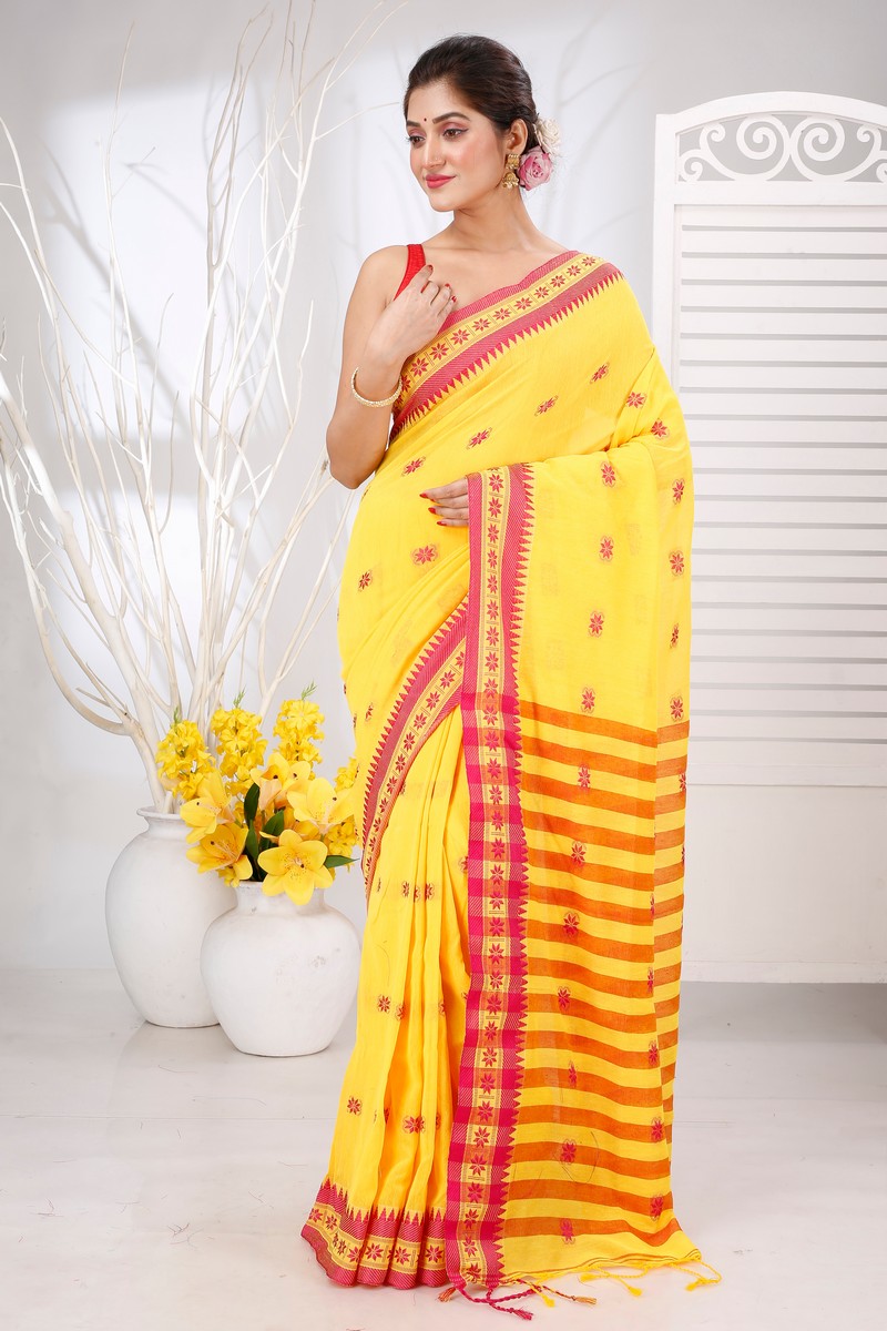 Yellow Red Pure Cotton Guti Hand Hand Loom Saree (5247)