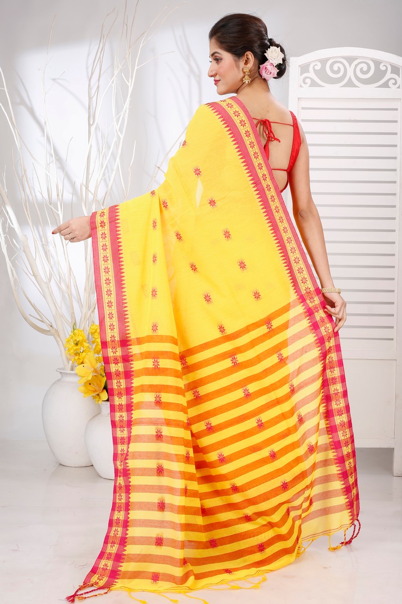 Yellow Red Pure Cotton Guti Hand Hand Loom Saree (5247)