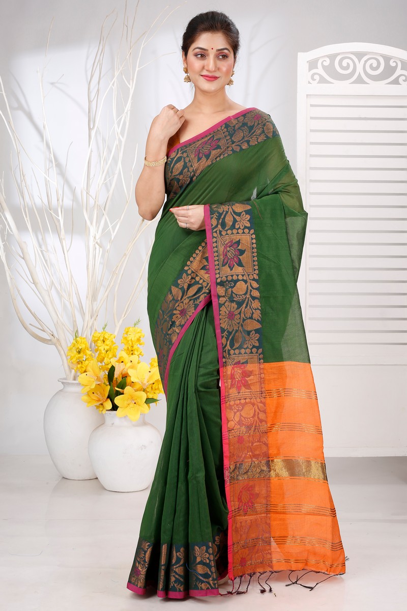 Dark Green Pure Cotton Swarno Hand Loom Saree (5249)